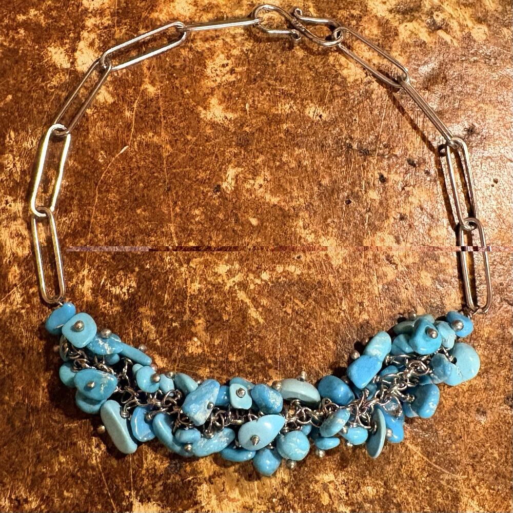 Paper Clip Bracelet Sterling Silver with Turquoise Dangles in Center 8.25 Inches